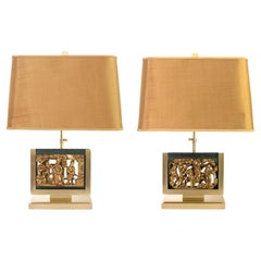 Mid-Century Table Lamps Polished Brass Mounted Asian Gilt-Wood Carvings