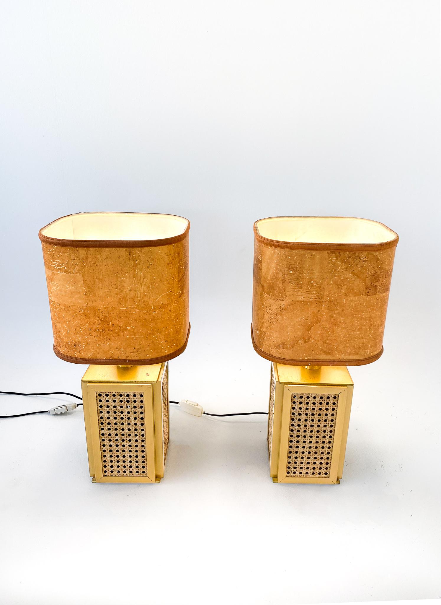 Mid-Century Modern Mid Century Modern Table Lamps Cork Shade, Brass and Cane Base, Italy, 1970s For Sale