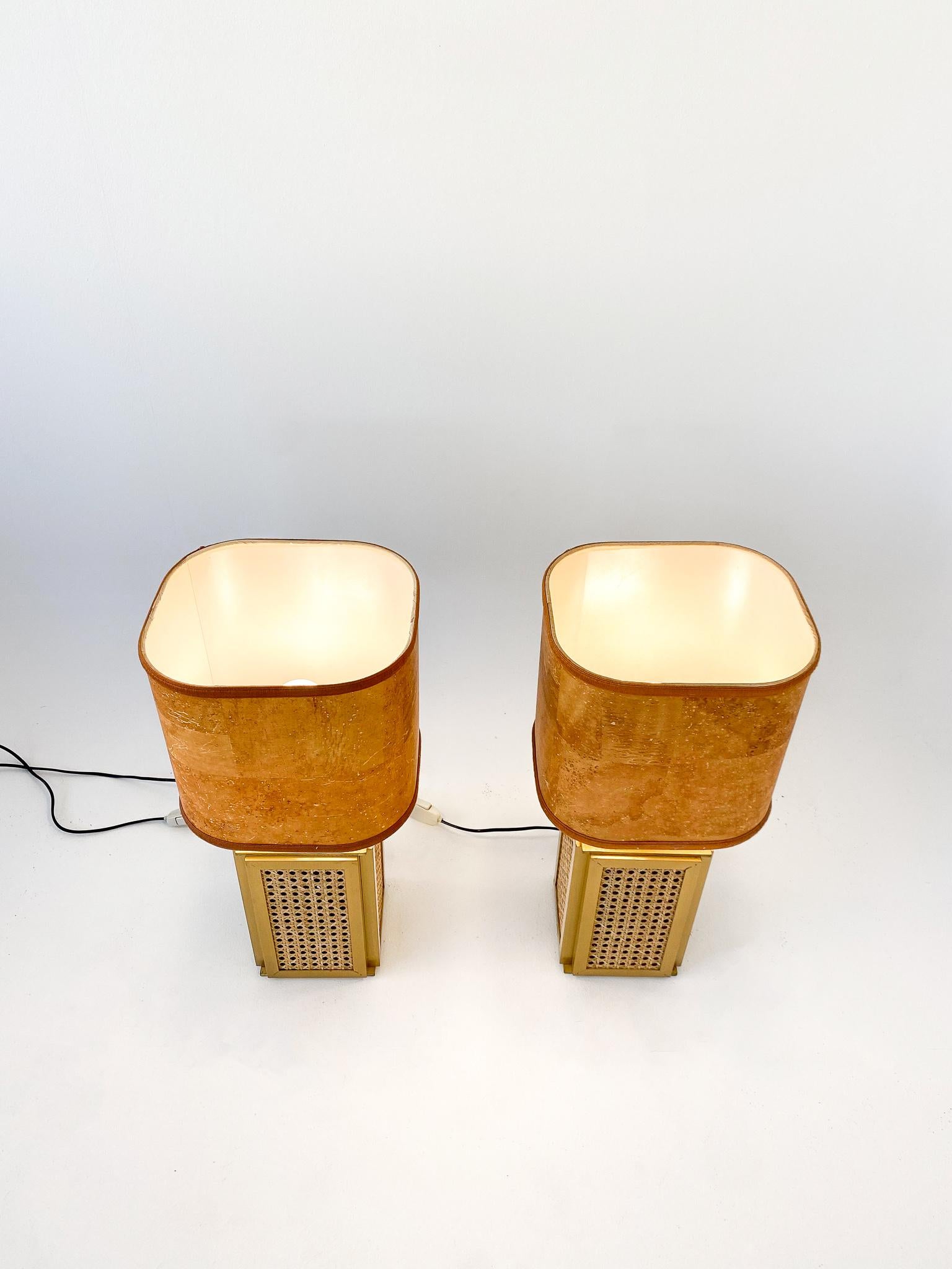Italian Mid Century Modern Table Lamps Cork Shade, Brass and Cane Base, Italy, 1970s For Sale