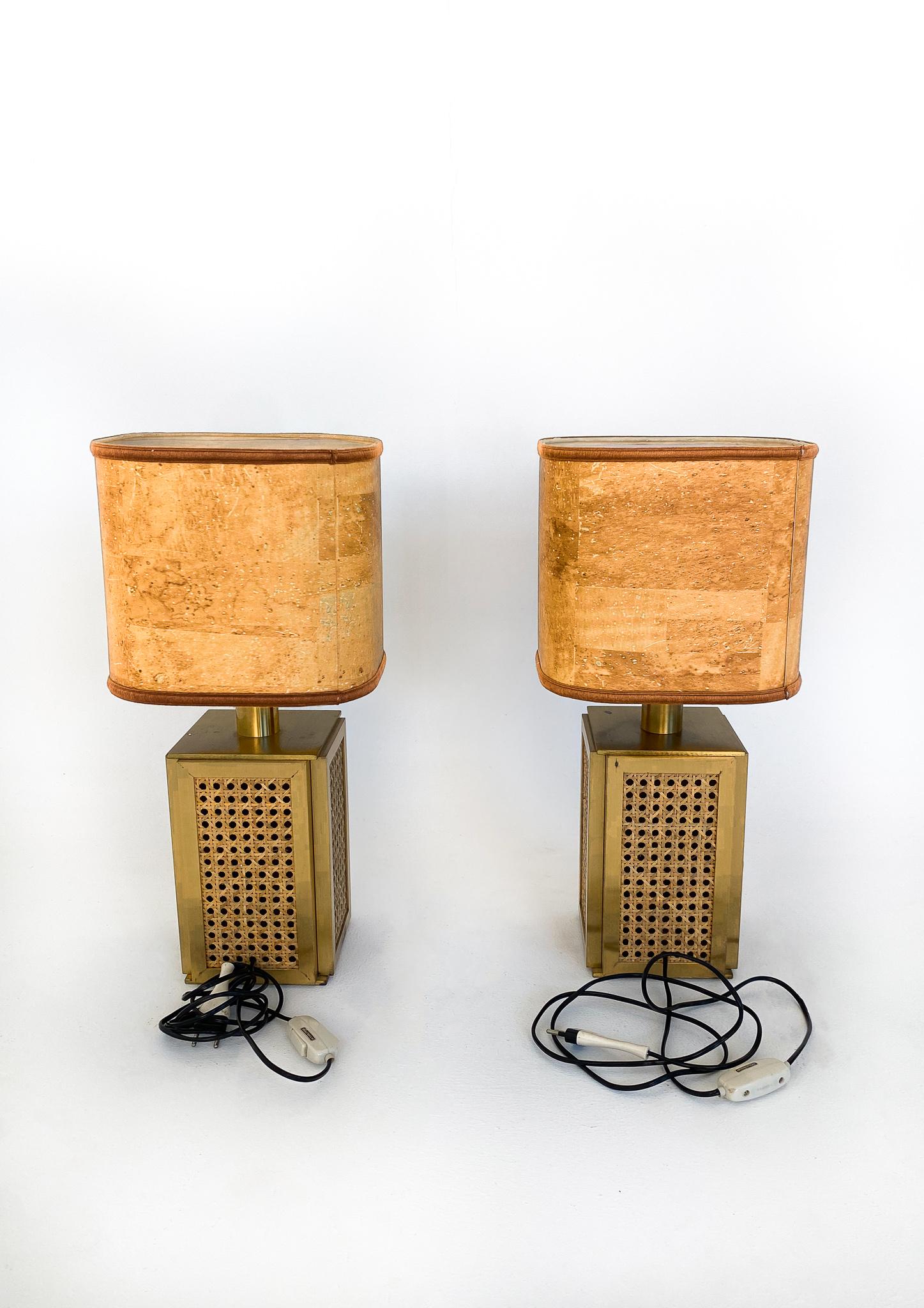 Mid Century Modern Table Lamps Cork Shade, Brass and Cane Base, Italy, 1970s In Good Condition For Sale In Vienna, AT