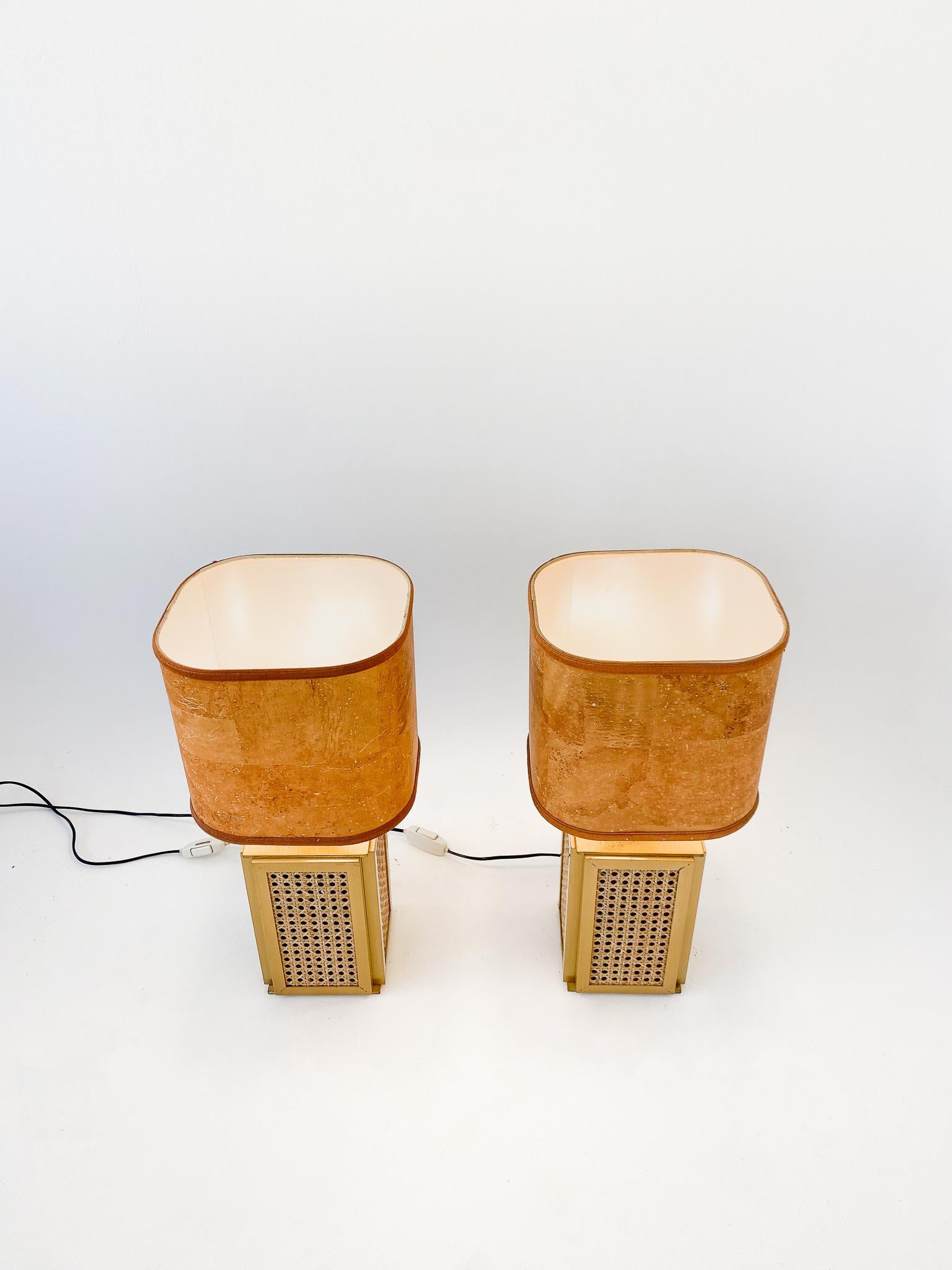 Late 20th Century Mid Century Modern Table Lamps Cork Shade, Brass and Cane Base, Italy, 1970s For Sale