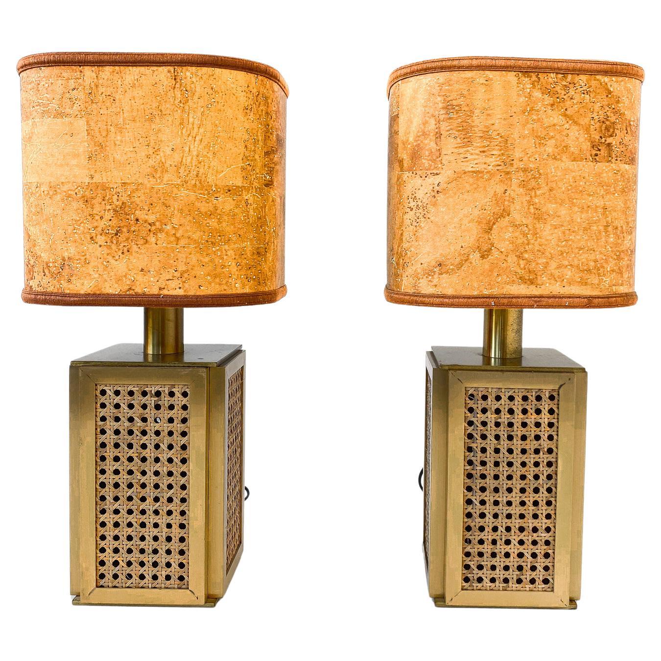 Mid Century Modern Table Lamps Cork Shade, Brass and Cane Base, Italy, 1970s For Sale