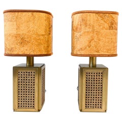 Vintage Mid Century Modern Table Lamps Cork Shade, Brass and Cane Base, Italy, 1970s