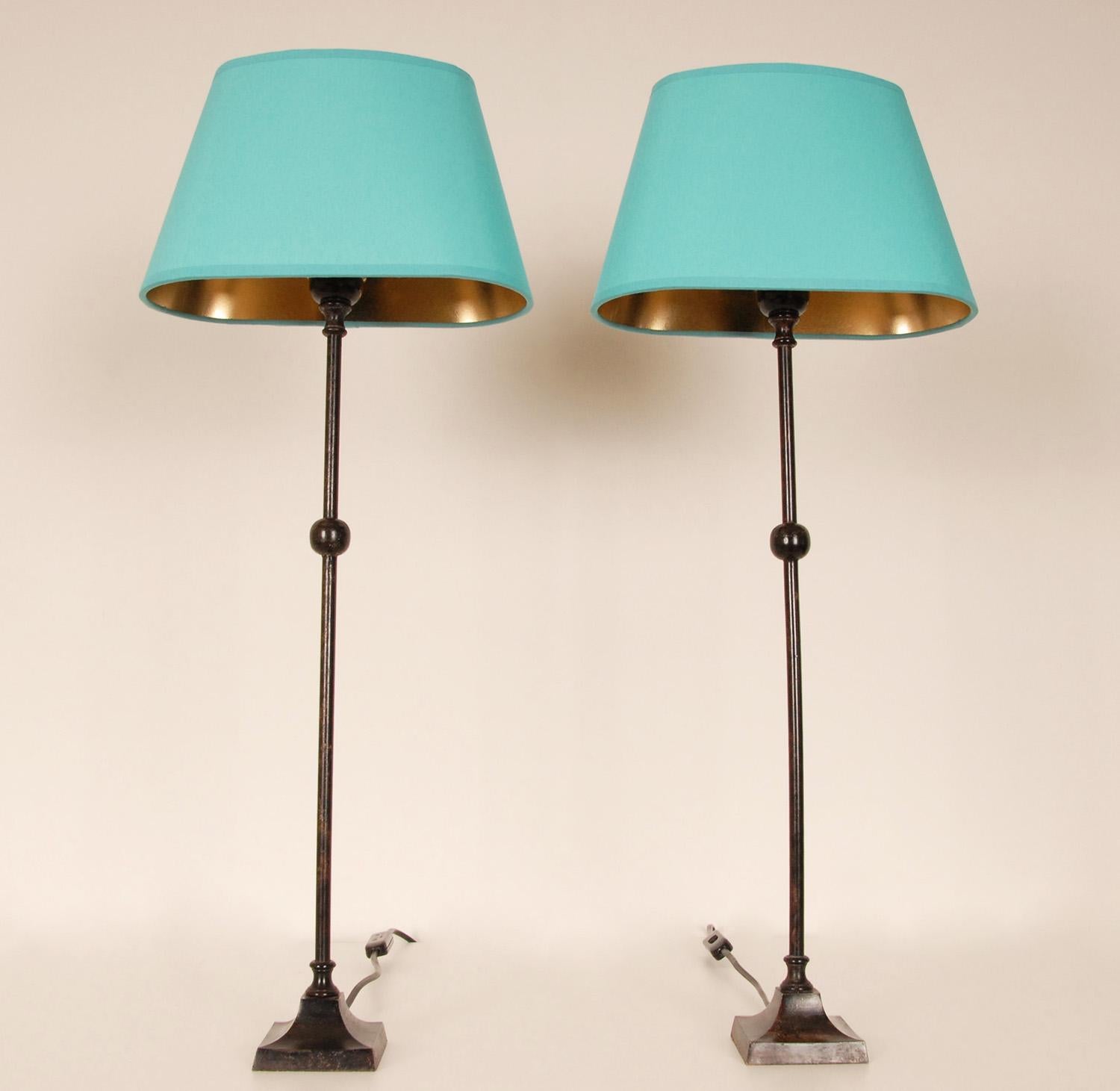 Mid Century Table lamps Wrought Iron Black and Turquoise Modern Lamps a Pair 5