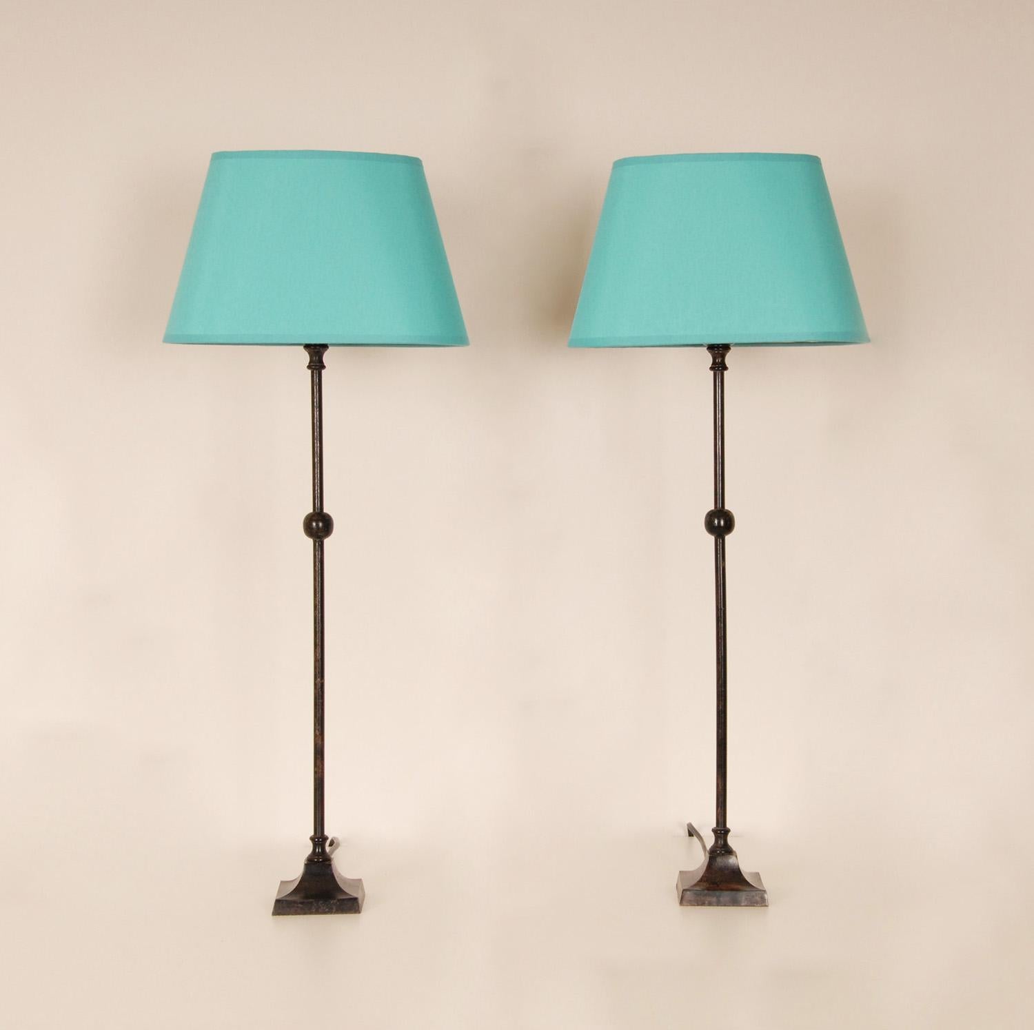 French Mid Century Table lamps Wrought Iron Black and Turquoise Modern Lamps a Pair
