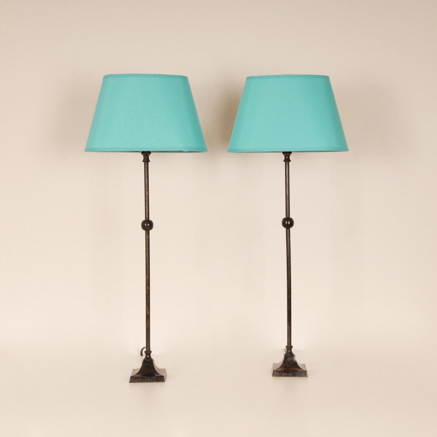 Mid Century Table lamps Wrought Iron Black and Turquoise Modern Lamps a Pair In Good Condition In Wommelgem, VAN