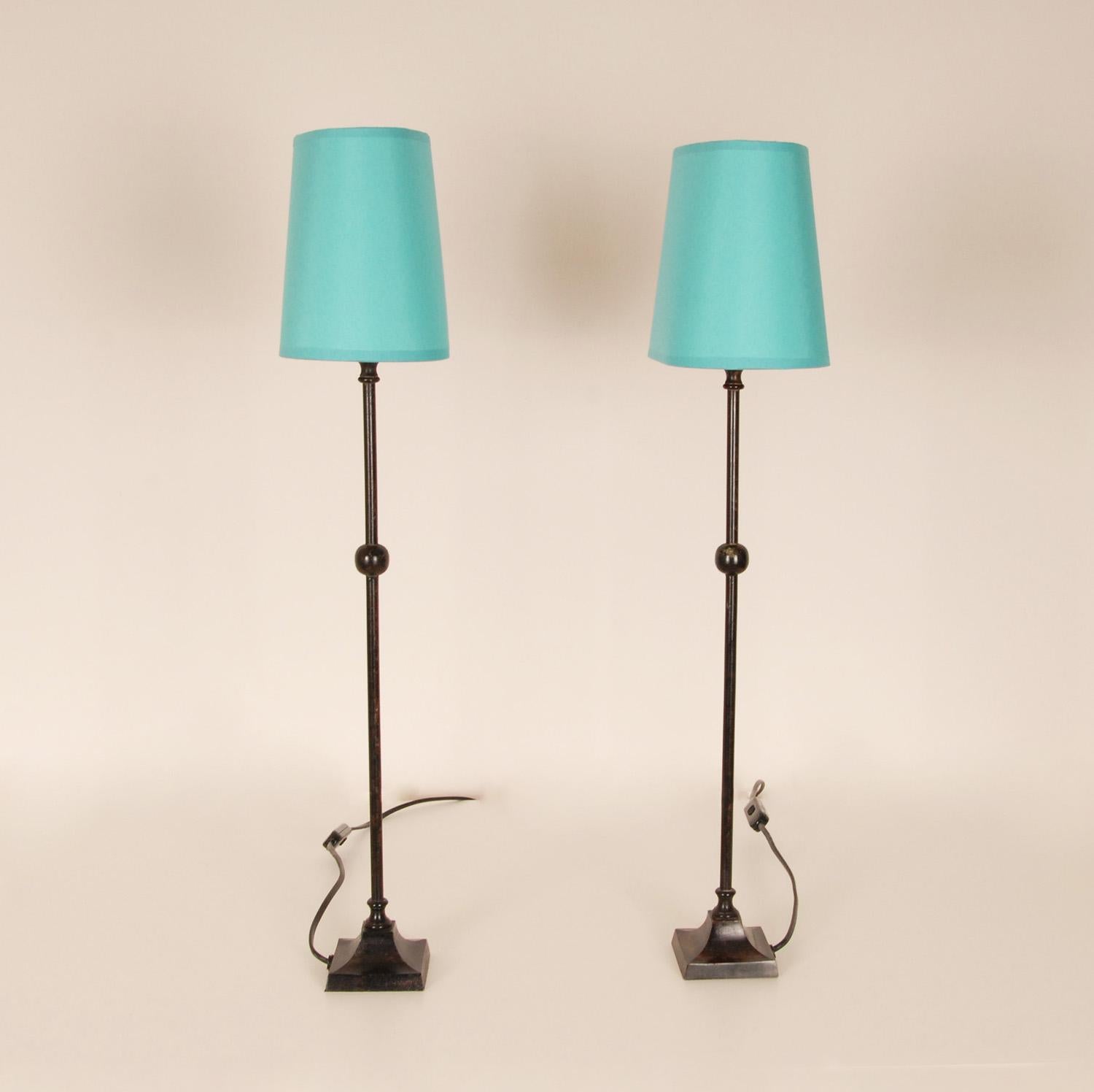 20th Century Mid Century Table lamps Wrought Iron Black and Turquoise Modern Lamps a Pair