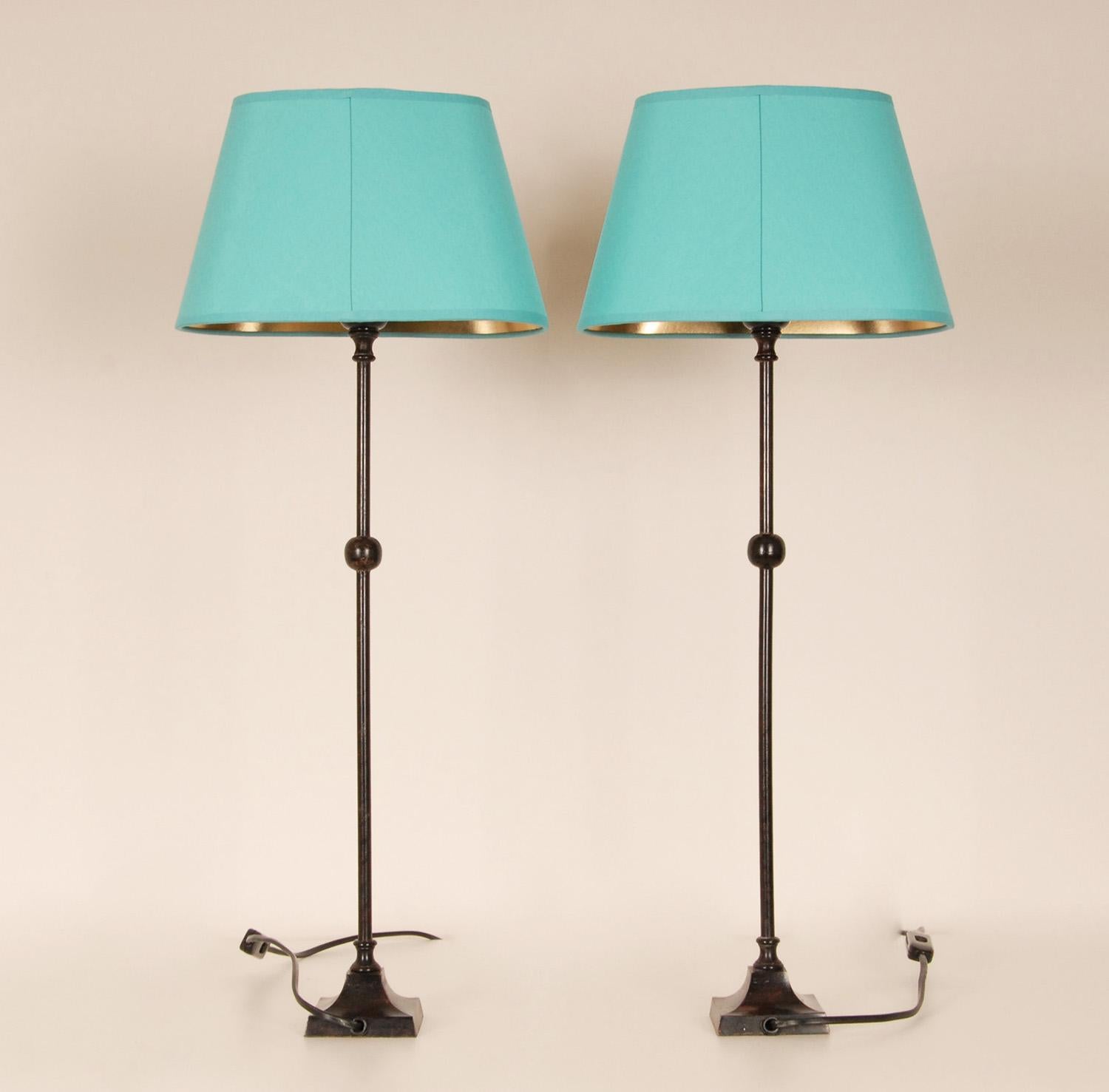 Fabric Mid Century Table lamps Wrought Iron Black and Turquoise Modern Lamps a Pair