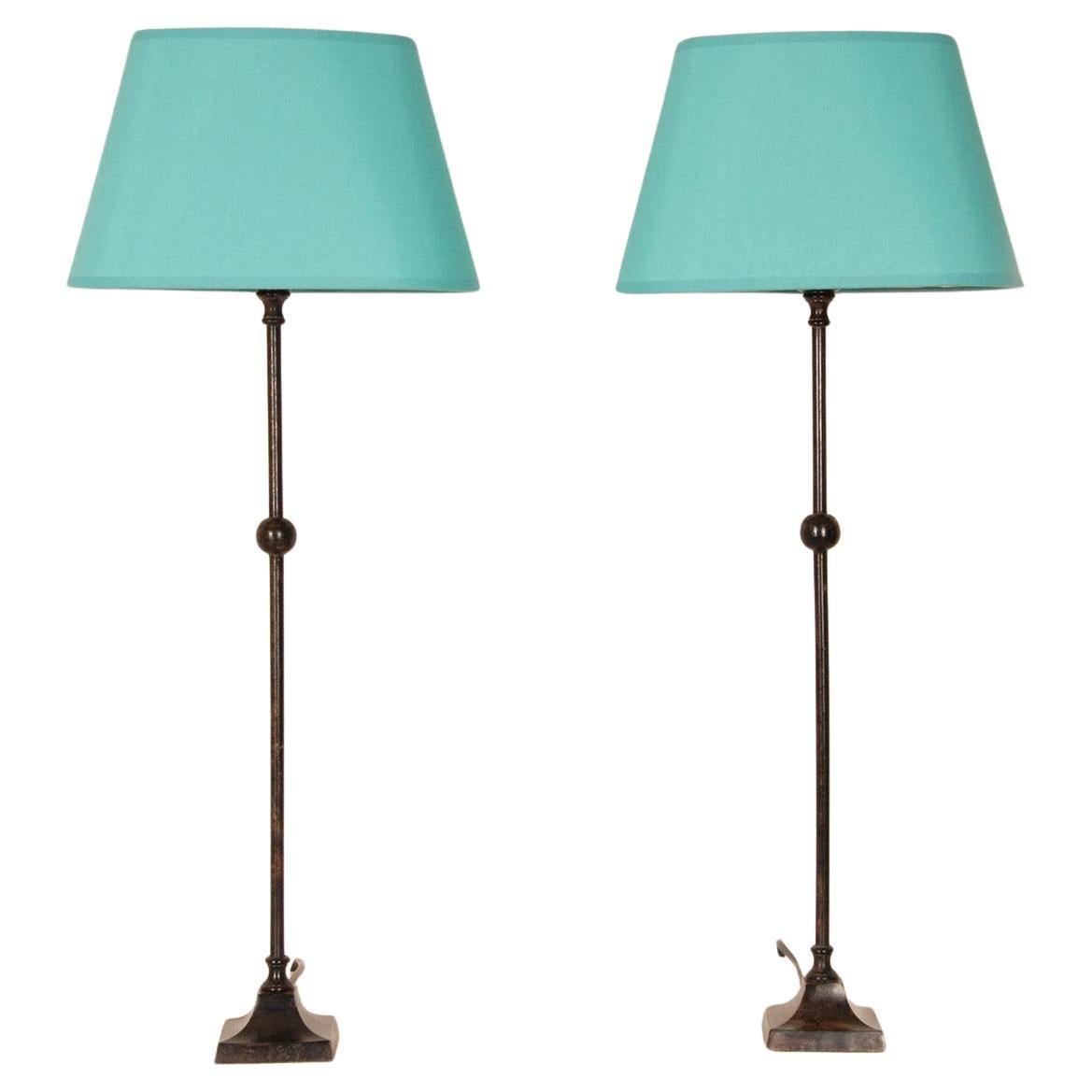 Mid Century Table lamps Wrought Iron Black and Turquoise Modern Lamps a Pair