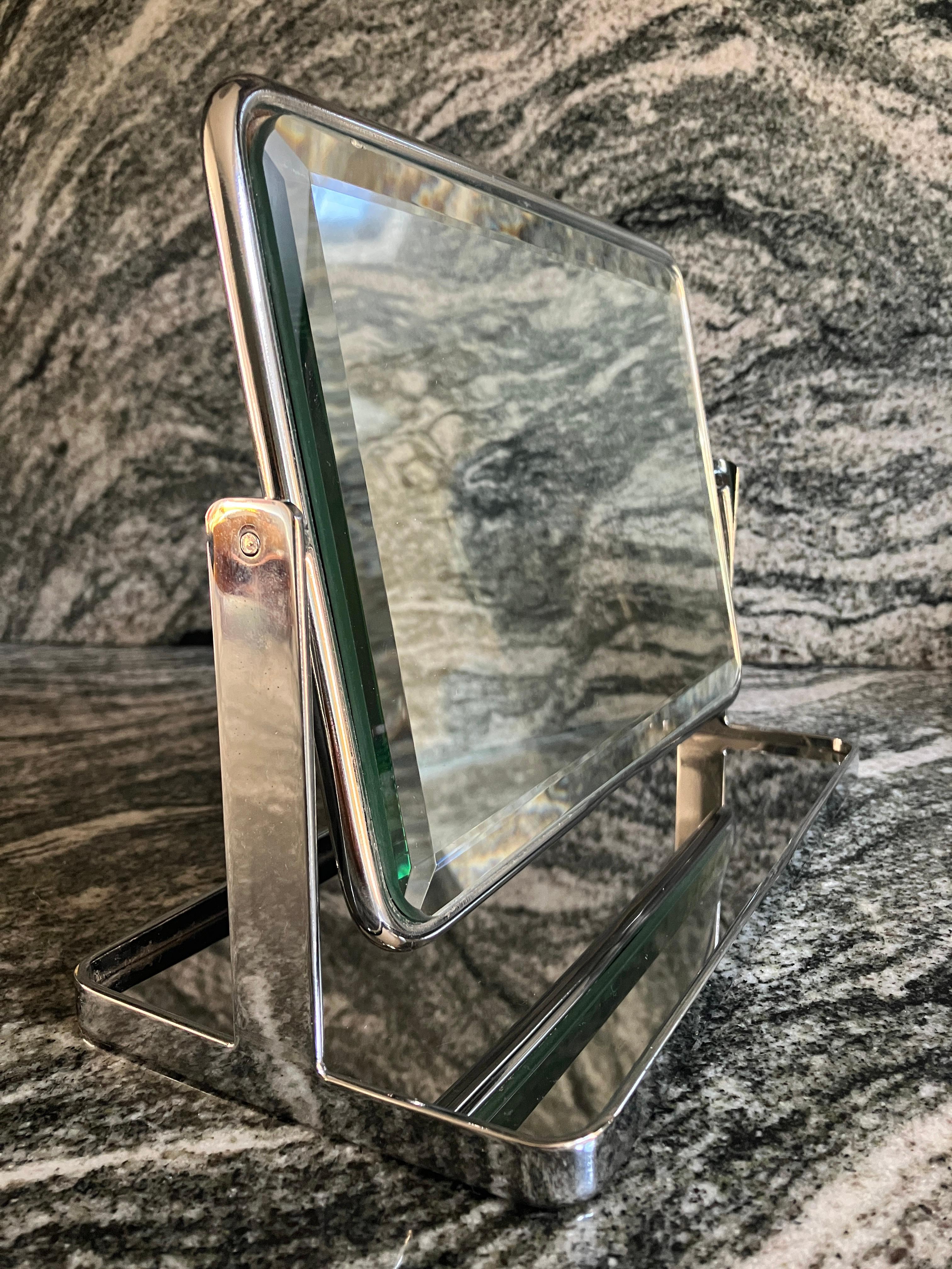 Mid-Century Modern Midcentury Table Mirror in Chrome and Glass with Bevel Edges