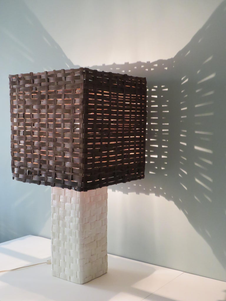 MidCentury Table or Floor Lamp, Ceramic Base and Woven Wood Shade, France, 1960 For Sale at 1stDibs