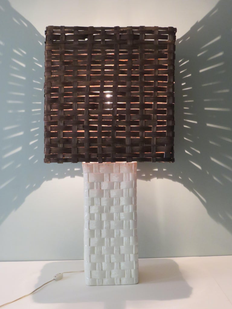 MidCentury Table or Floor Lamp, Ceramic Base and Woven Wood Shade, France, 1960 For Sale at 1stDibs