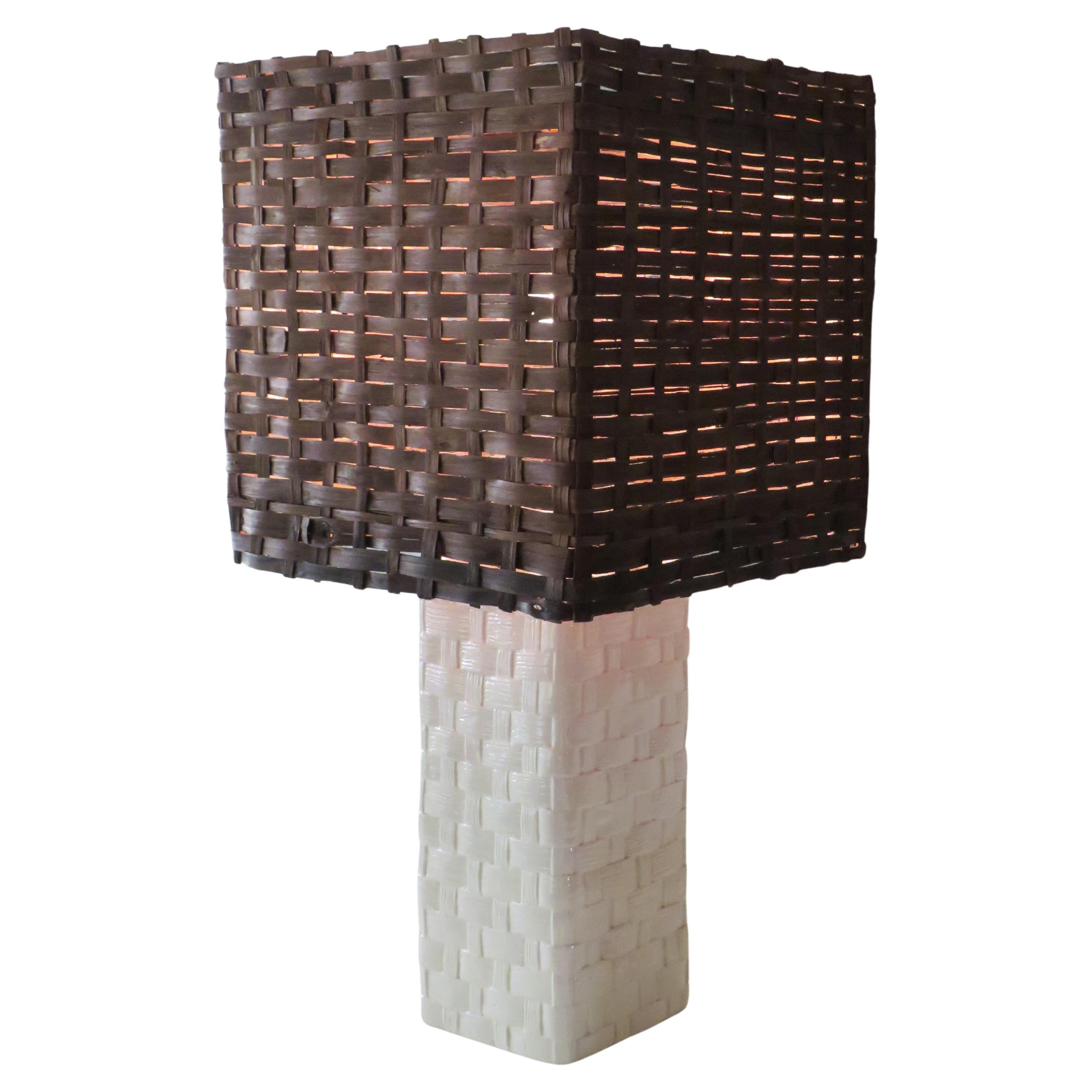 Mid-Century Table or Floor Lamp, Ceramic Base and Woven Wood Shade, France, 1960 For Sale