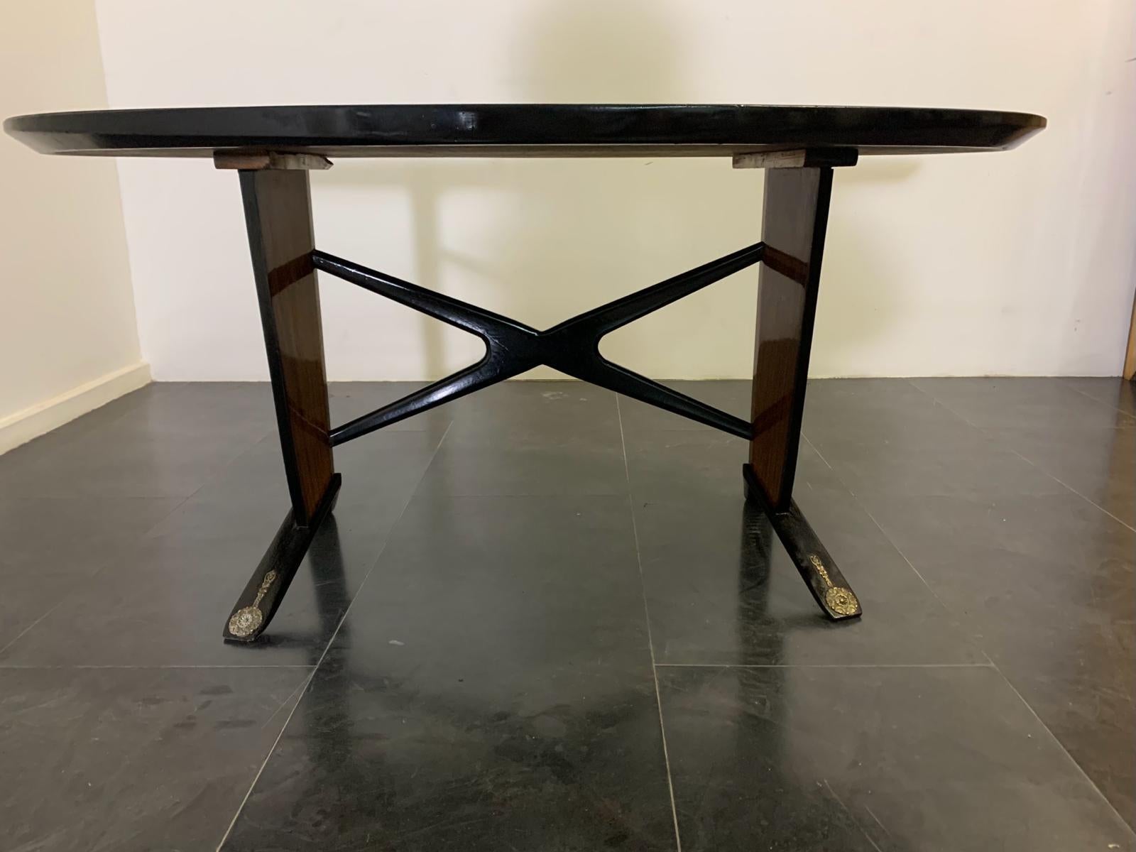 Italian Mid-Century Table with Black Inlays and Mahogany Brass Tips, 1950s For Sale