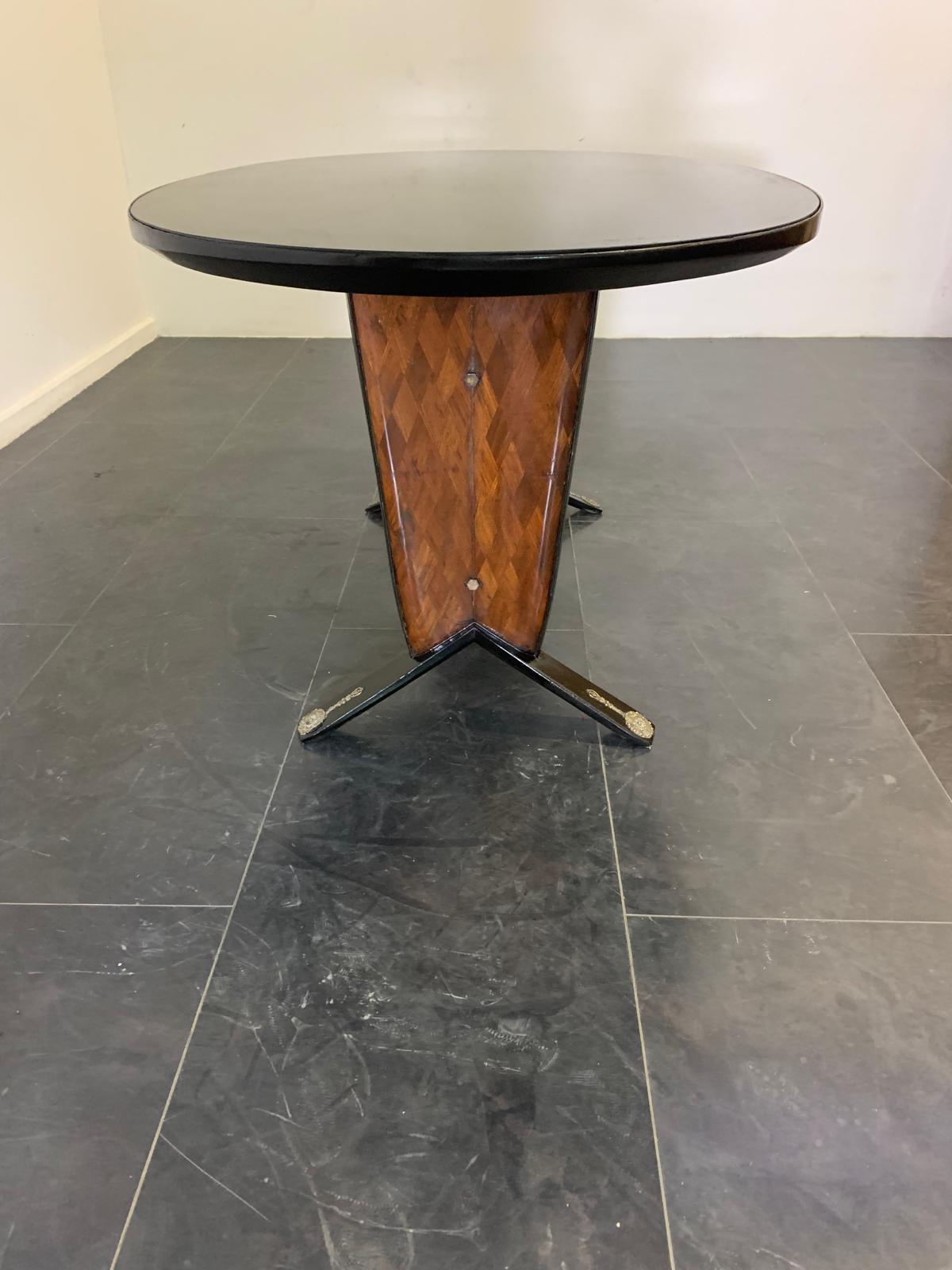 Wood Mid-Century Table with Black Inlays and Mahogany Brass Tips, 1950s For Sale