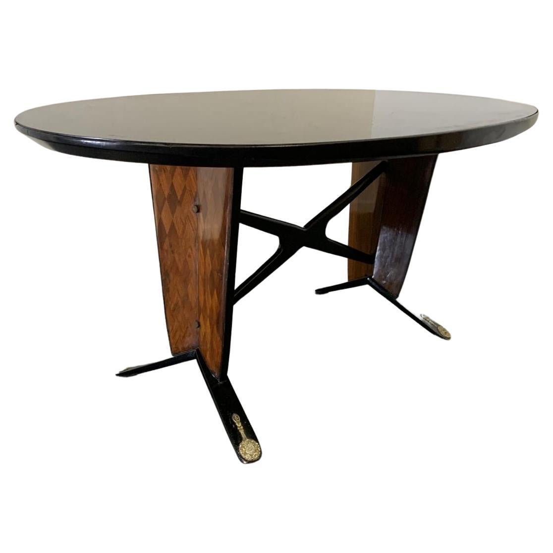 Mid-Century Table with Black Inlays and Mahogany Brass Tips, 1950s For Sale