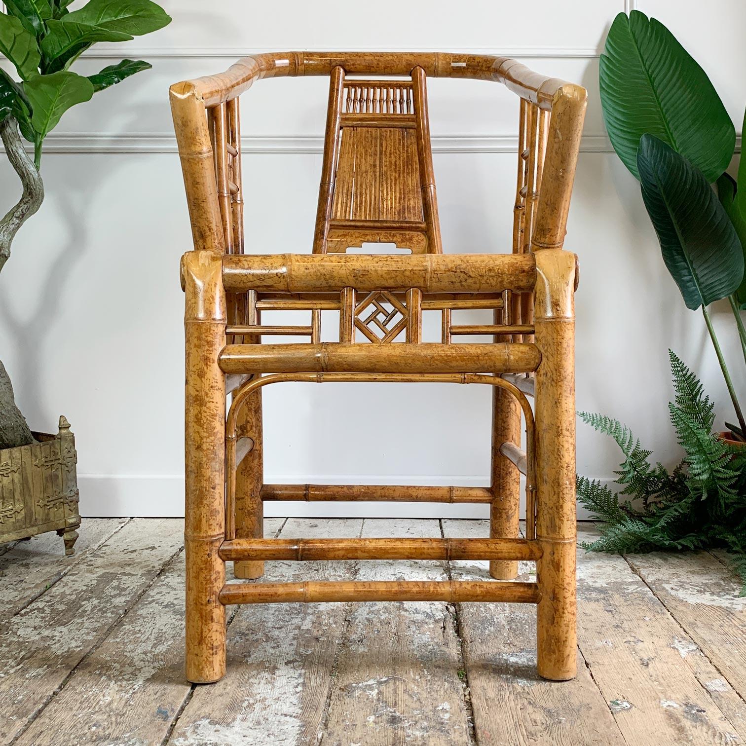 A wonderful and rare example of a hand crafted armchair, made in Taiwan circa 1950, the traditional chiselling and heat bending techniques have been used throughout the manufacture of this piece, as well as the precision pining using small specially