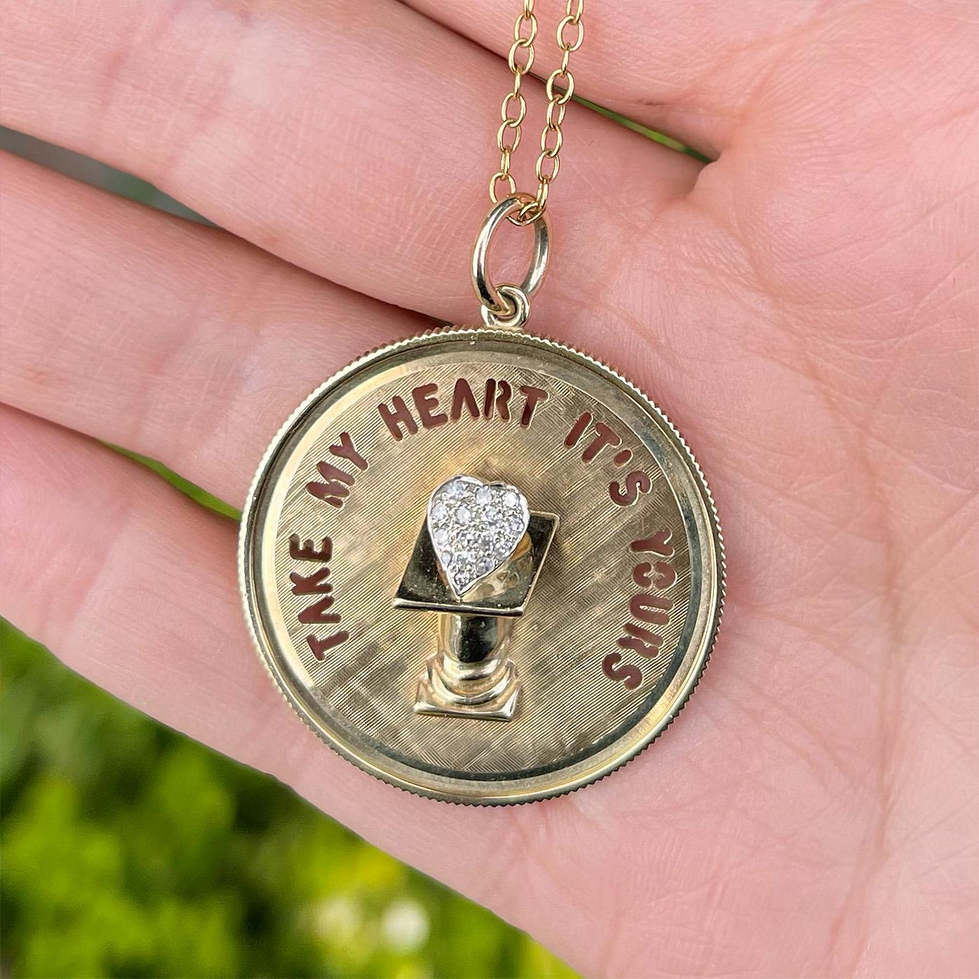 Single Cut Mid-Century 'Take My Heart It's Yours' Diamond Heart Pendant Necklace