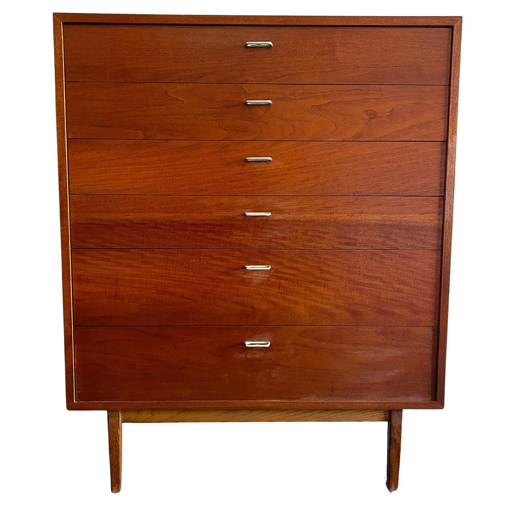 Midcentury Tall 6 Drawer Tall Walnut Dresser with Aluminum Finger Pulls For Sale