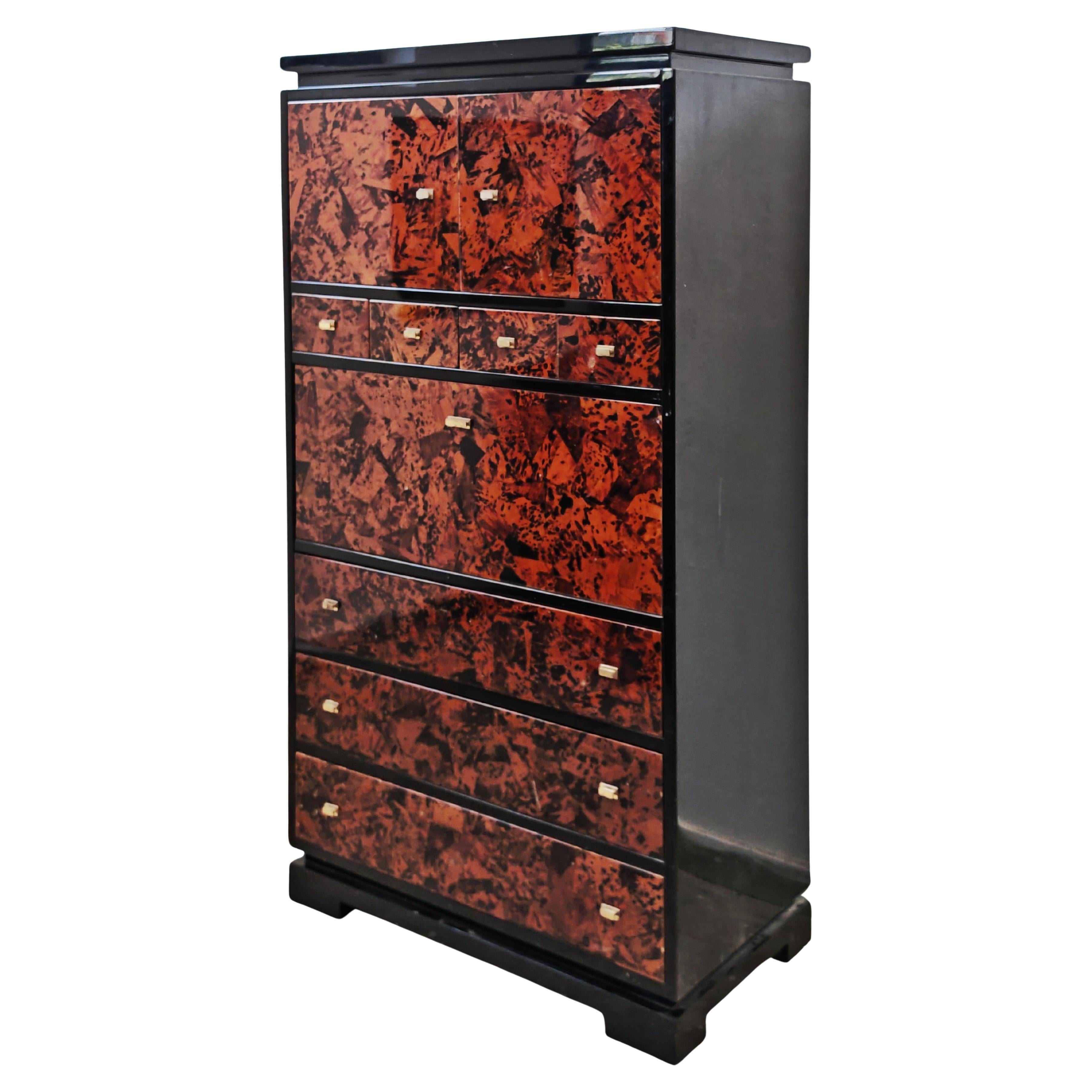 Mid Century Tall Boy oder Sekretär in Schildpatt und schwarzem Lack von Ottini im Angebot