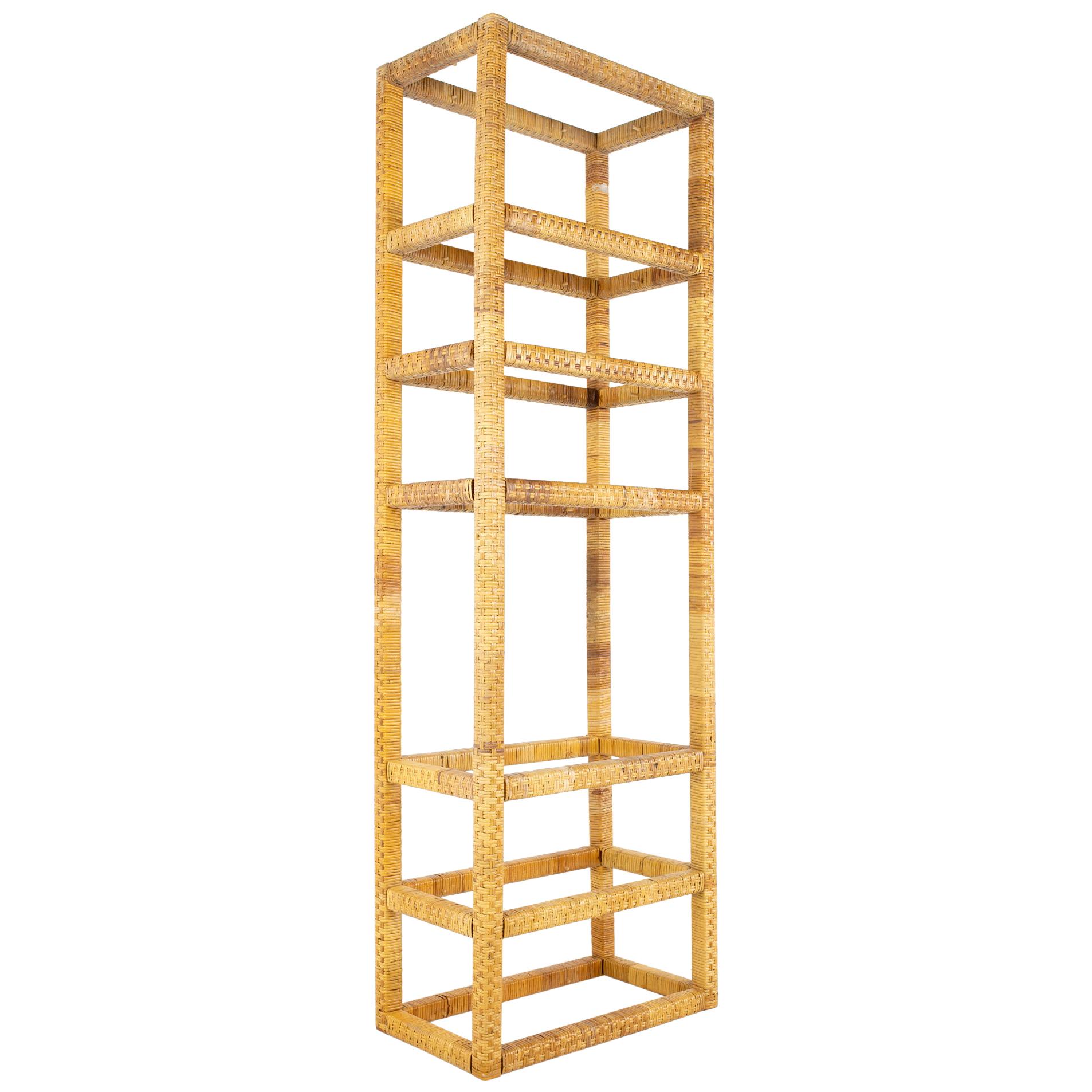 Mid Century Tall Cane and Glass Etagere Shelf For Sale