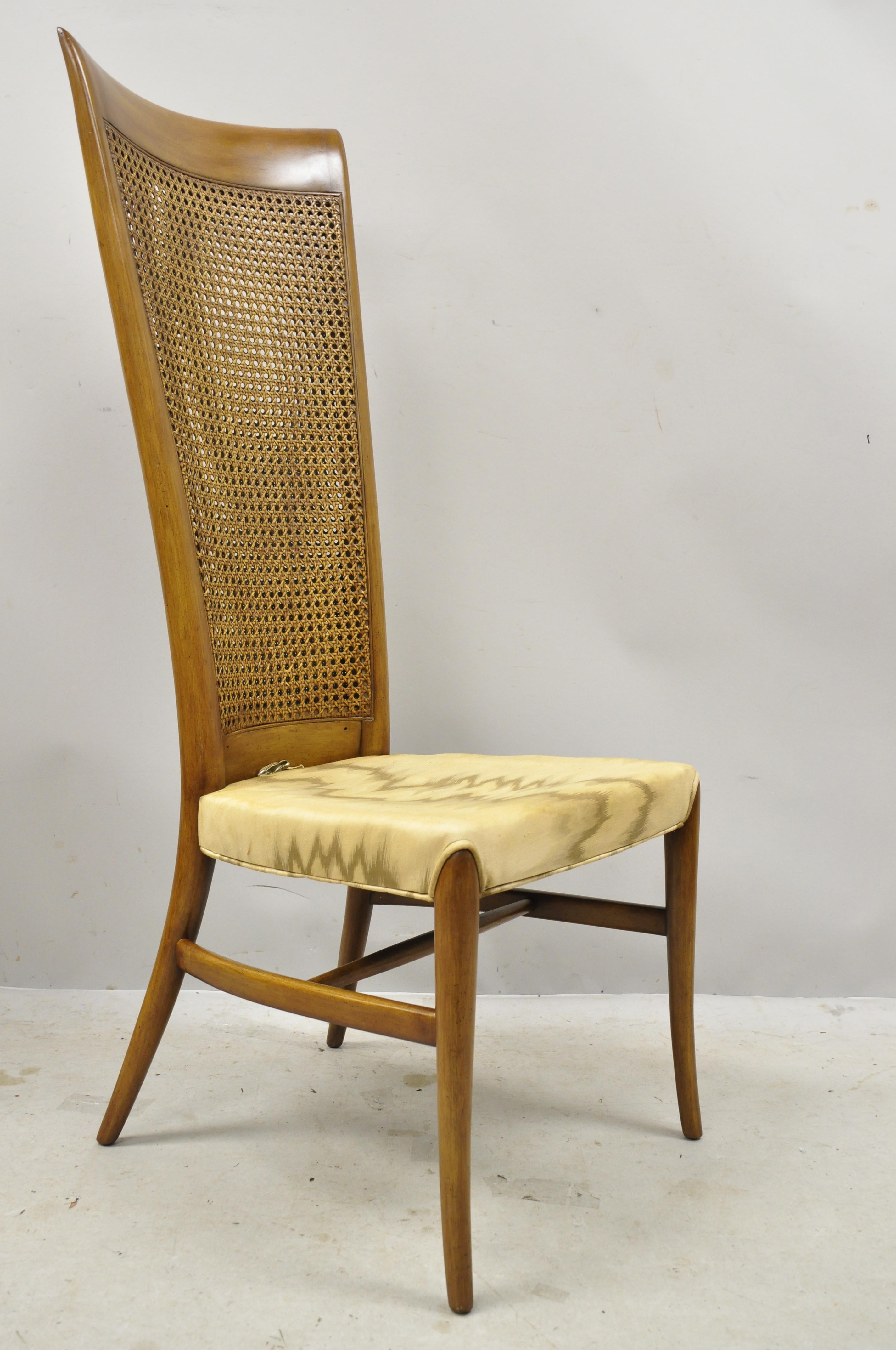 Vintage Mid-Century Modern tall cane back Italian Gibbings Klismos style dining chairs, set of 4. Set includes tall double cane backs, angled and tapered legs, stretcher base, solid wood frame, beautiful wood grain, very nice vintage set, quality