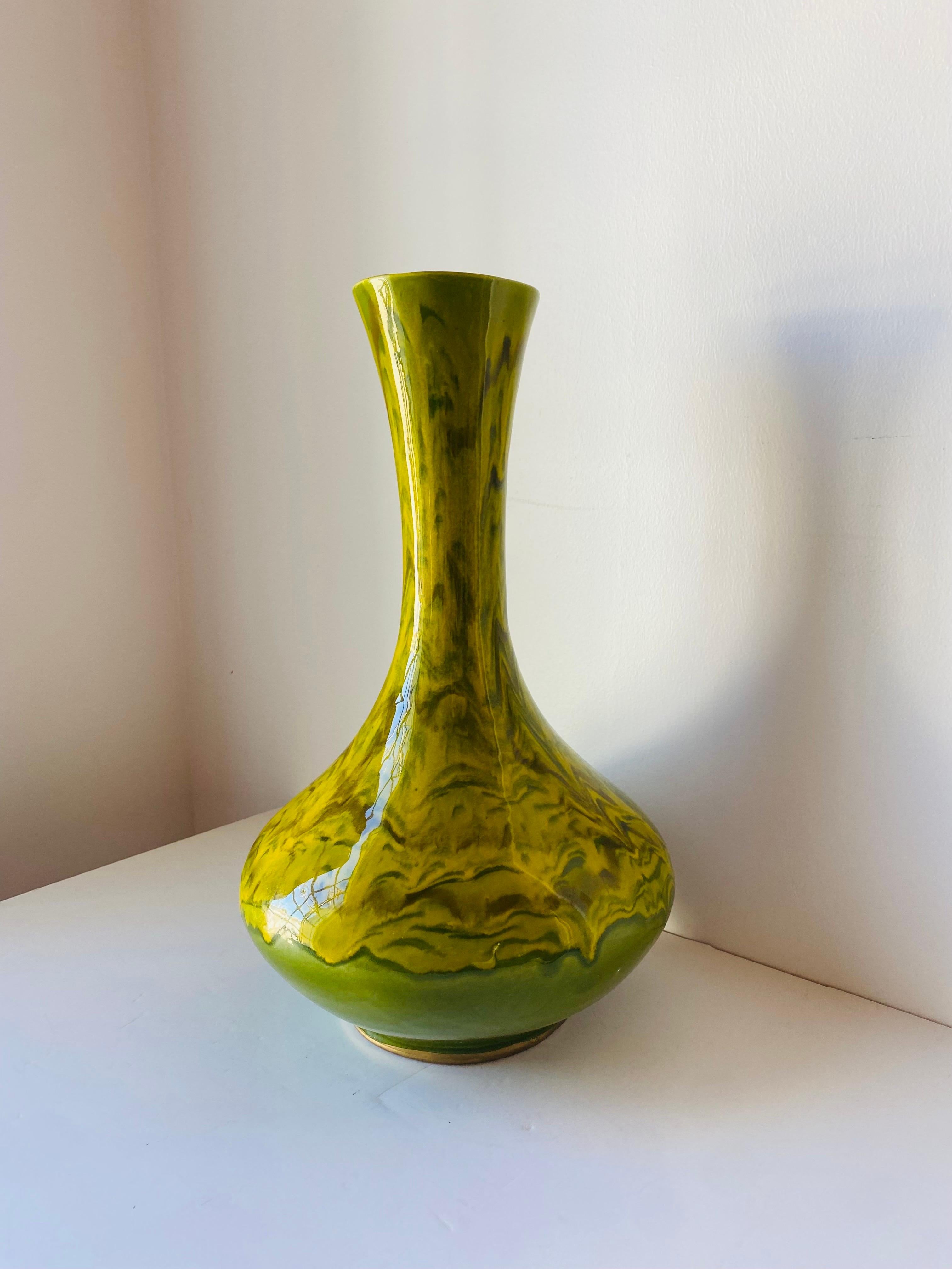 Mid-Century Modern Grand vase du milieu du siècle à glaçure goutte à goutte en vert par California Originals en vente
