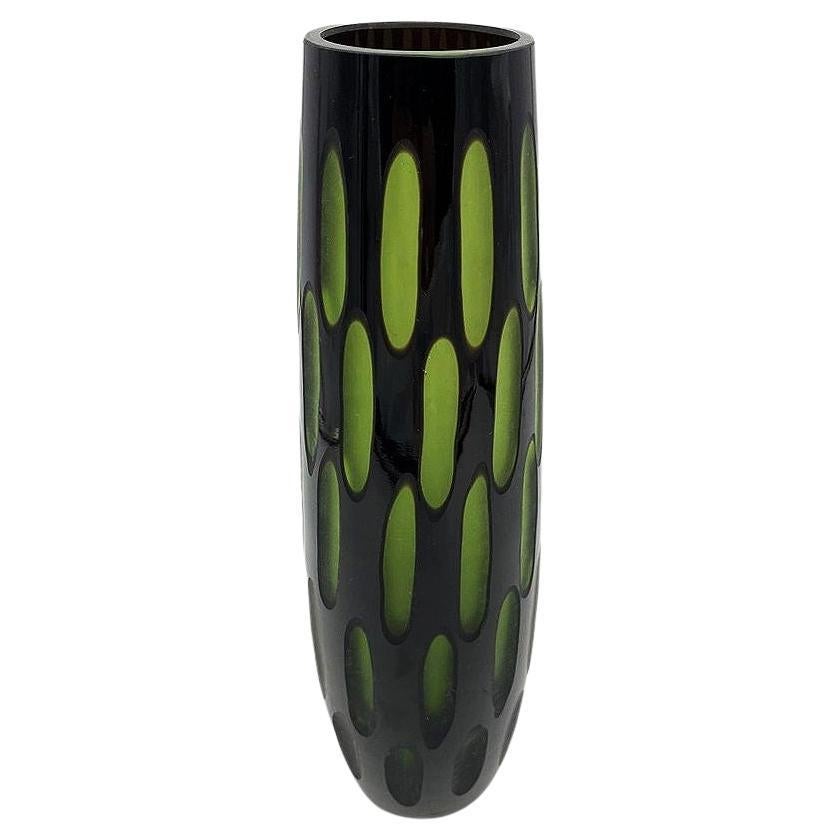 Mid Century Tall Green Cut Murano Cased Glass Vase For Sale