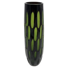 Mid Century Tall Green Cut Murano Cased Glass Vase