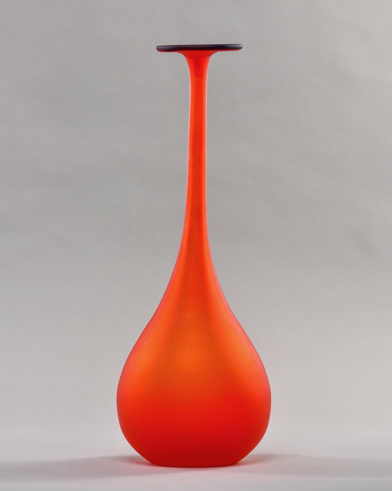 Mid-Century Modern Mid Century Tall Slender Murano Vase in Red Satin Glass with Blue Lip