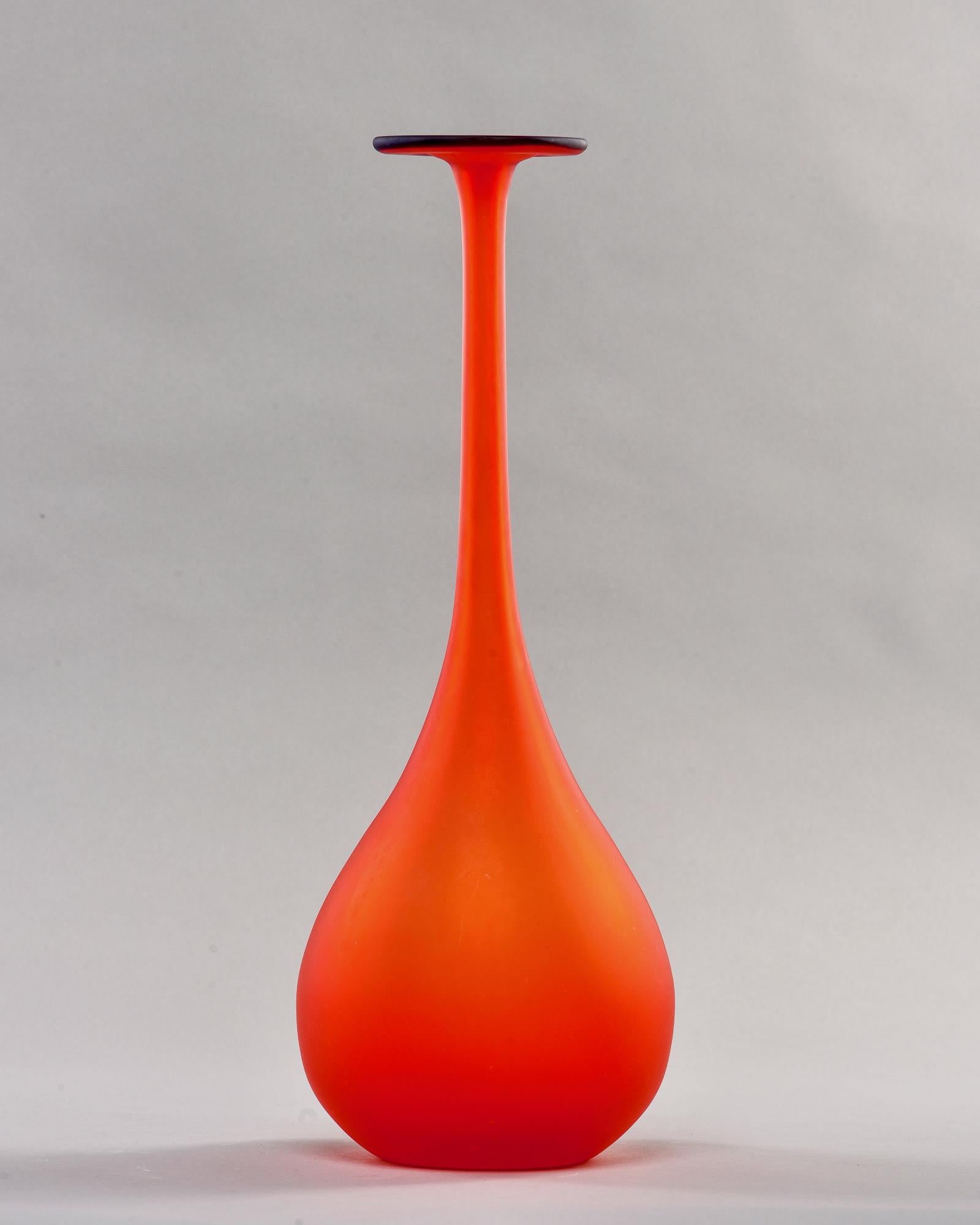 Italian Mid Century Tall Slender Murano Vase in Red Satin Glass with Blue Lip
