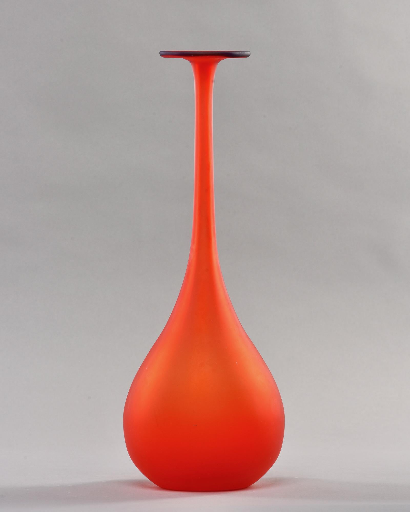 Mid Century Tall Slender Murano Vase in Red Satin Glass with Blue Lip In Good Condition In Troy, MI