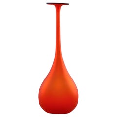 Mid Century Tall Slender Murano Vase in Red Satin Glass with Blue Lip