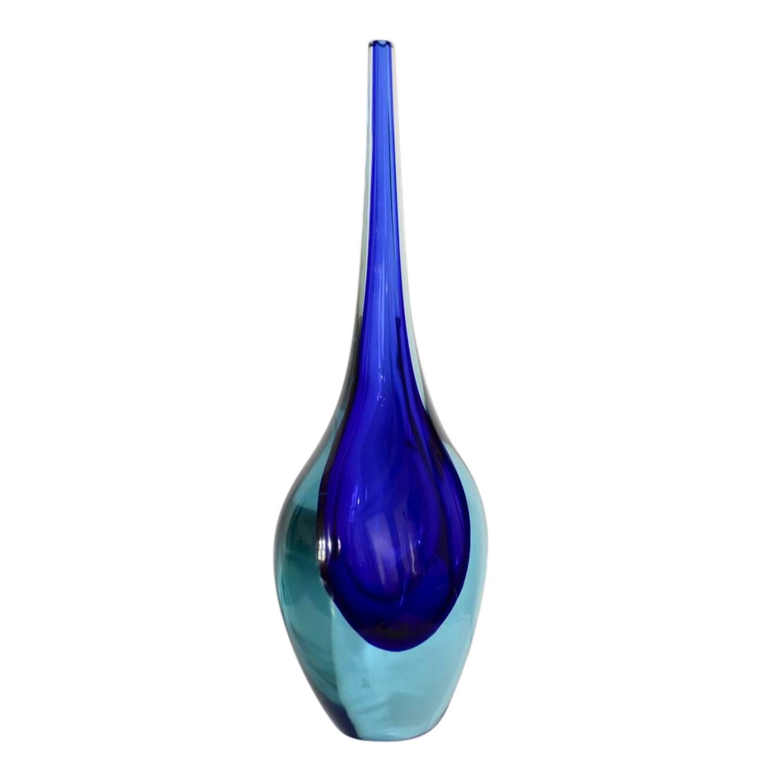 Tall Sommerso Murano turqouise and blue teardrop shaped single flower vase. Very decorative as a sculpture.
