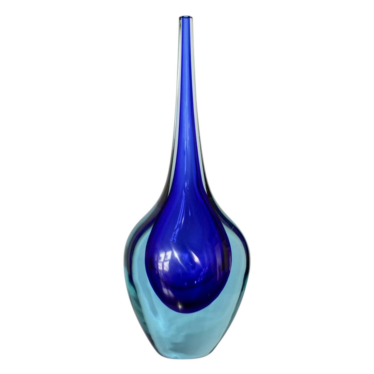 Tall Italian Mid-Century Turquoise And Blue Murano Vase In Good Condition In Haddonfield, NJ