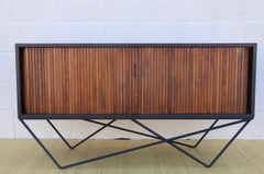 Mid Century Tambour Door Custom Made Wrought Iron Base Low Credenza
