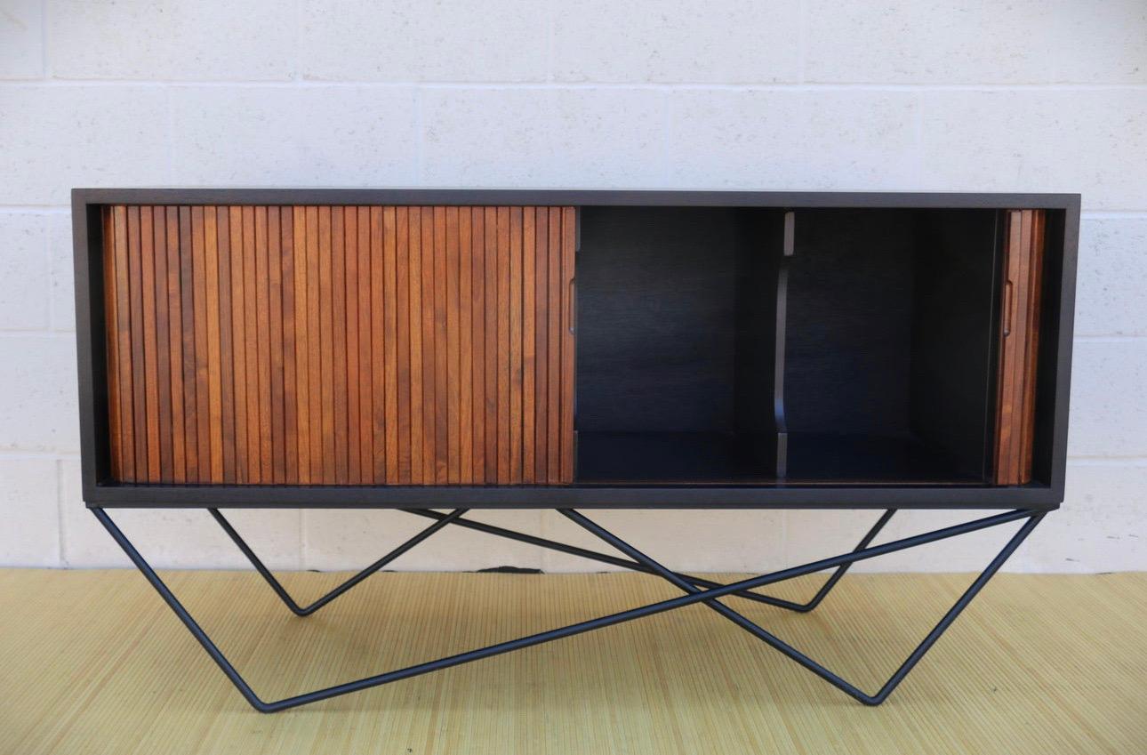 Mid-Century Modern Mid Century Tambour Door Custom Made Wrought Iron Base Low Credenza For Sale