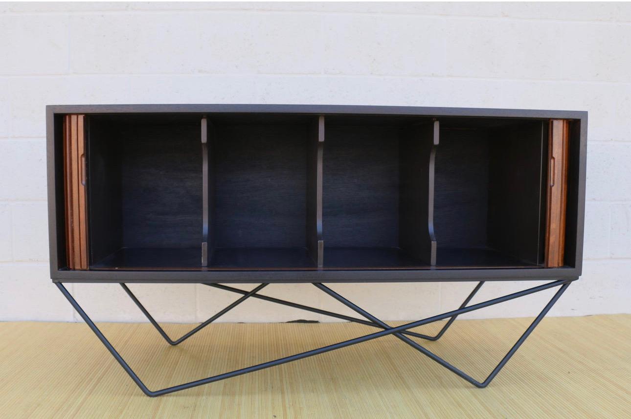 American Mid Century Tambour Door Custom Made Wrought Iron Base Low Credenza For Sale