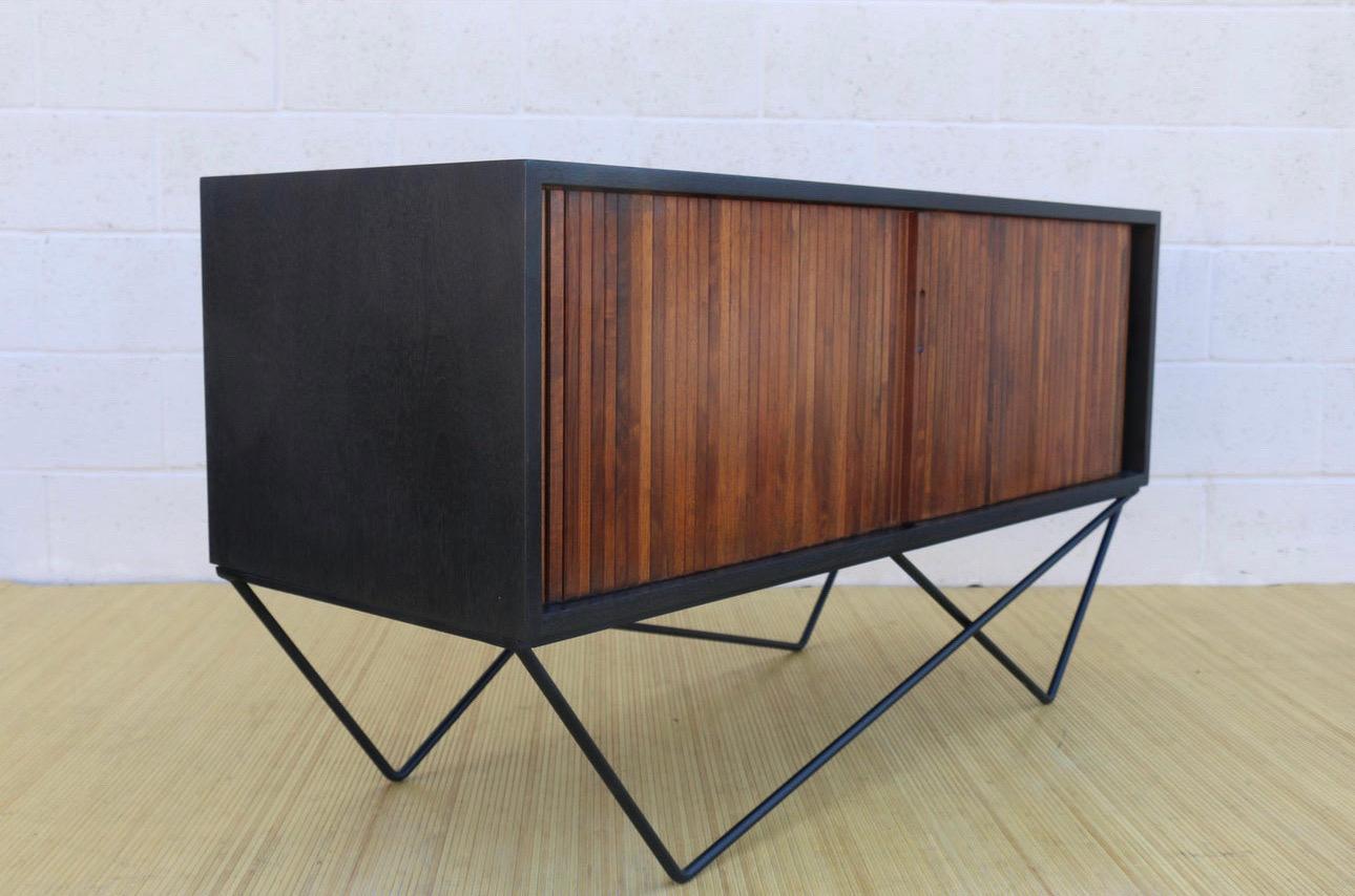 Mid Century Tambour Door Custom Made Wrought Iron Base Low Credenza In Good Condition For Sale In North Hollywood, CA