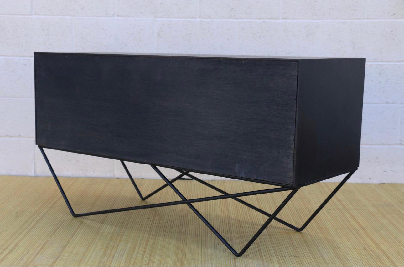 Mid-20th Century Mid Century Tambour Door Custom Made Wrought Iron Base Low Credenza For Sale