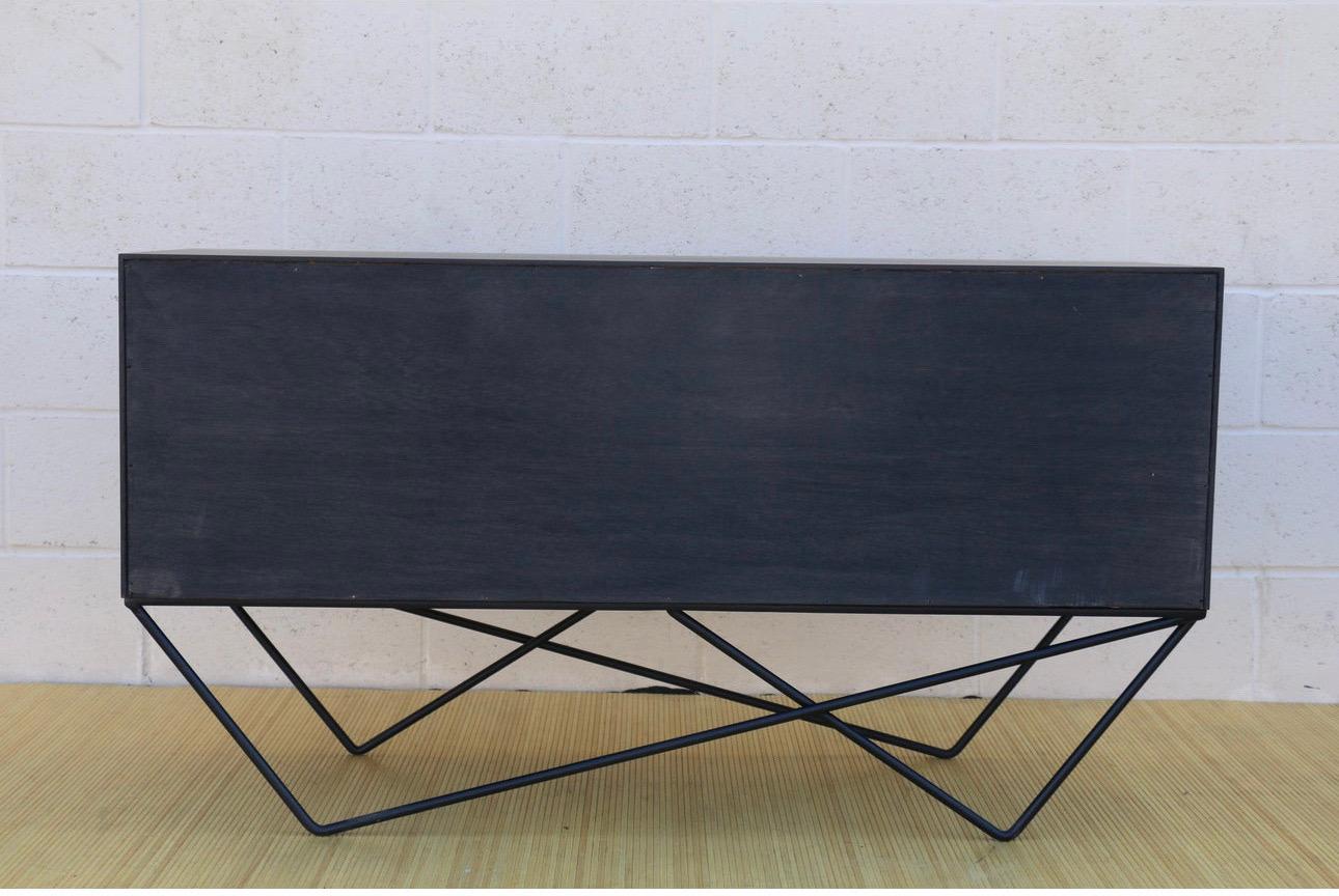 Wood Mid Century Tambour Door Custom Made Wrought Iron Base Low Credenza For Sale