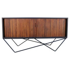 Mid Century Tambour Door Custom Made Wrought Iron Base Low Credenza