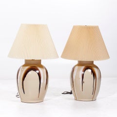 Mid Century Tan Ceramic Drip Glaze Lamps - Pair