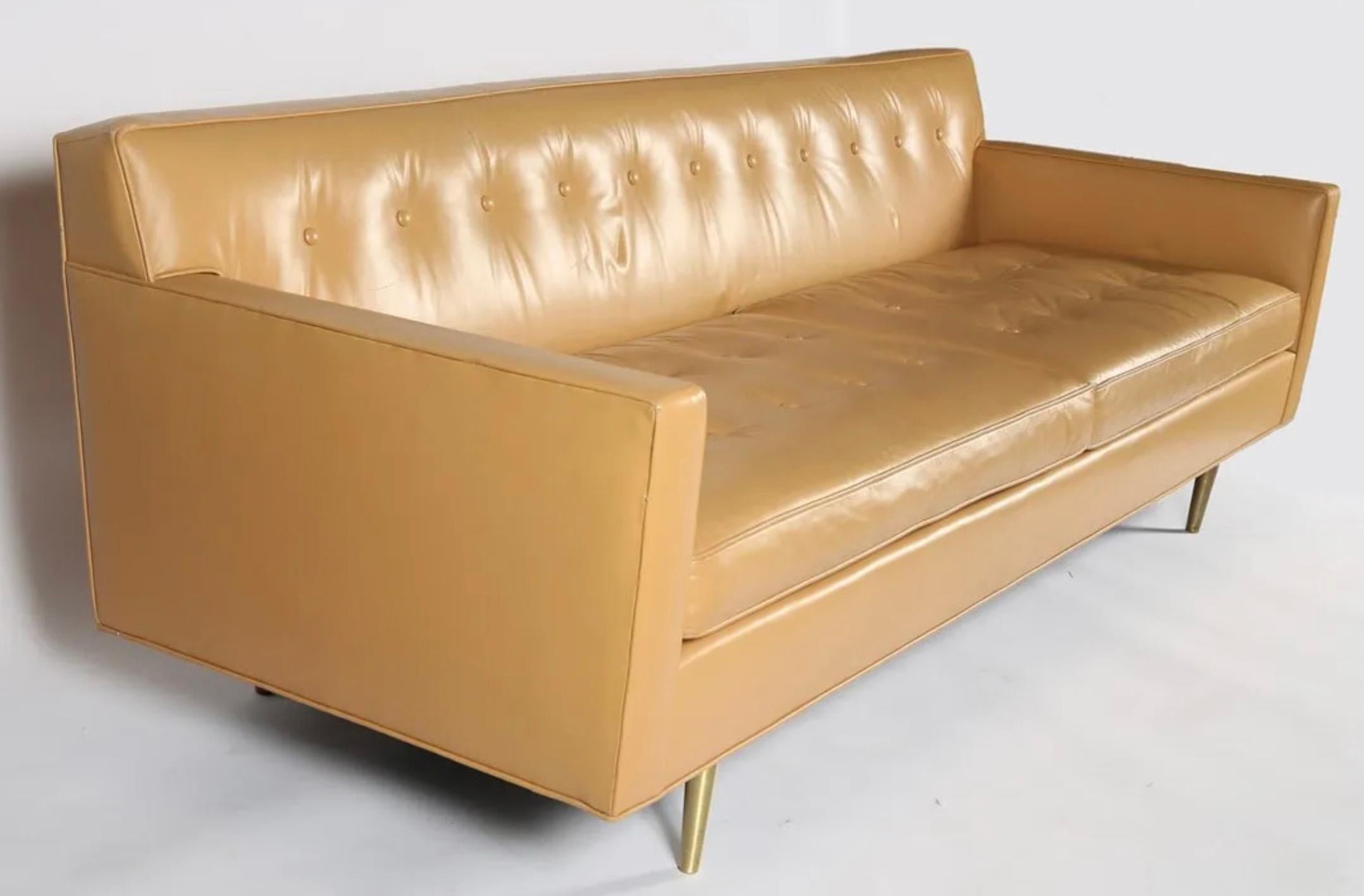American Mid Century Tan Leather Long 3 seat sofa solid brass legs by Edward Wormley For Sale