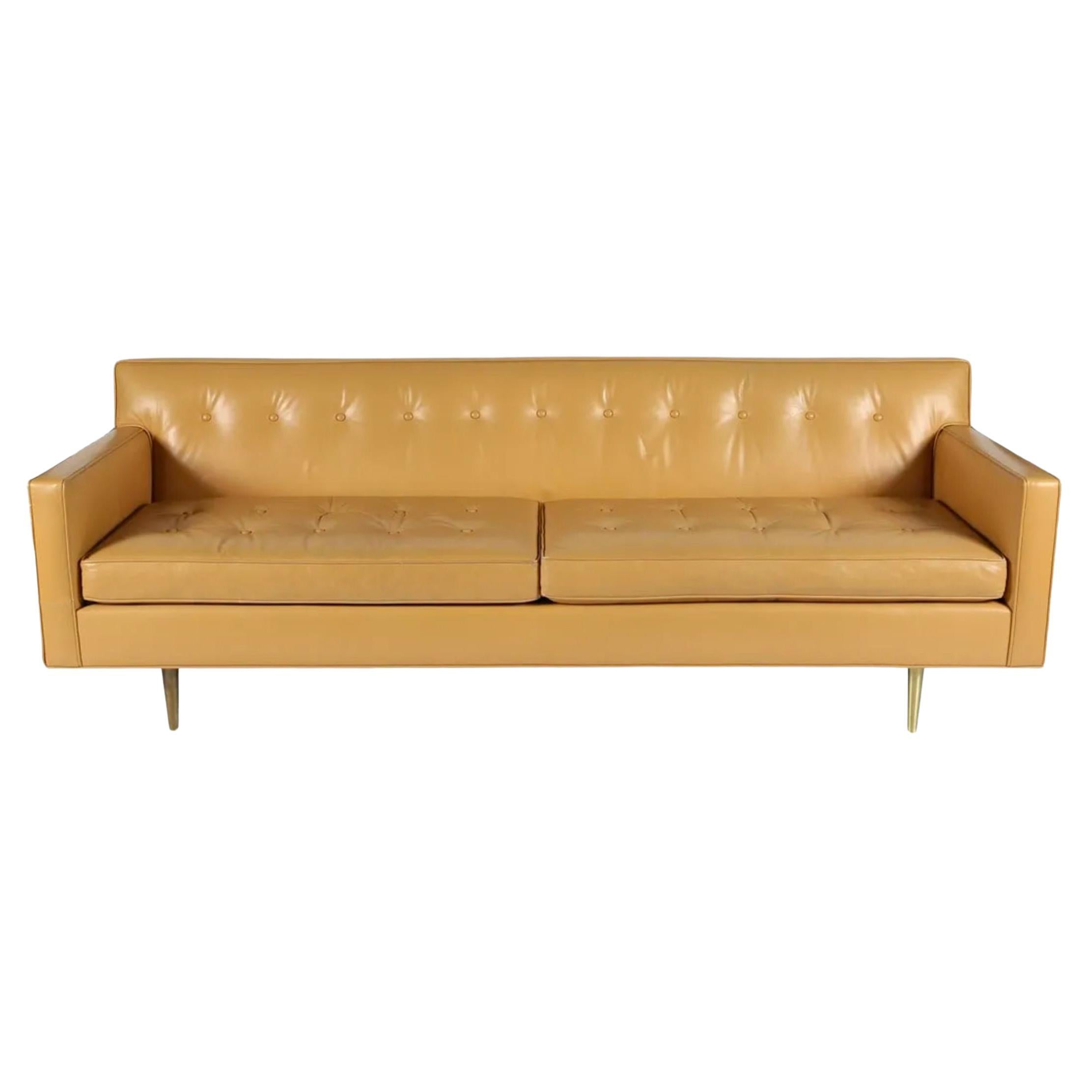 Mid Century Tan Leather Long 3 seat sofa solid brass legs by Edward Wormley