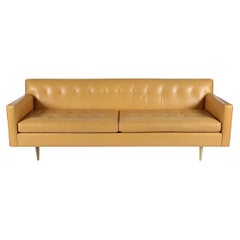 Mid Century Tan Leather Long 3 seat sofa solid brass legs by Edward Wormley