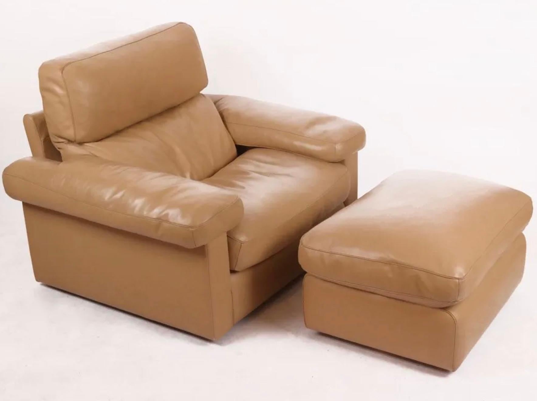 Mid-Century Modern Midcentury Tan Leather Lounge Chair and Ottoman by Tito Agnoli Poltrona Frau
