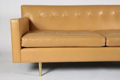 Mid Century Tan Leather loveseat sofa solid brass legs by Edward Wormley