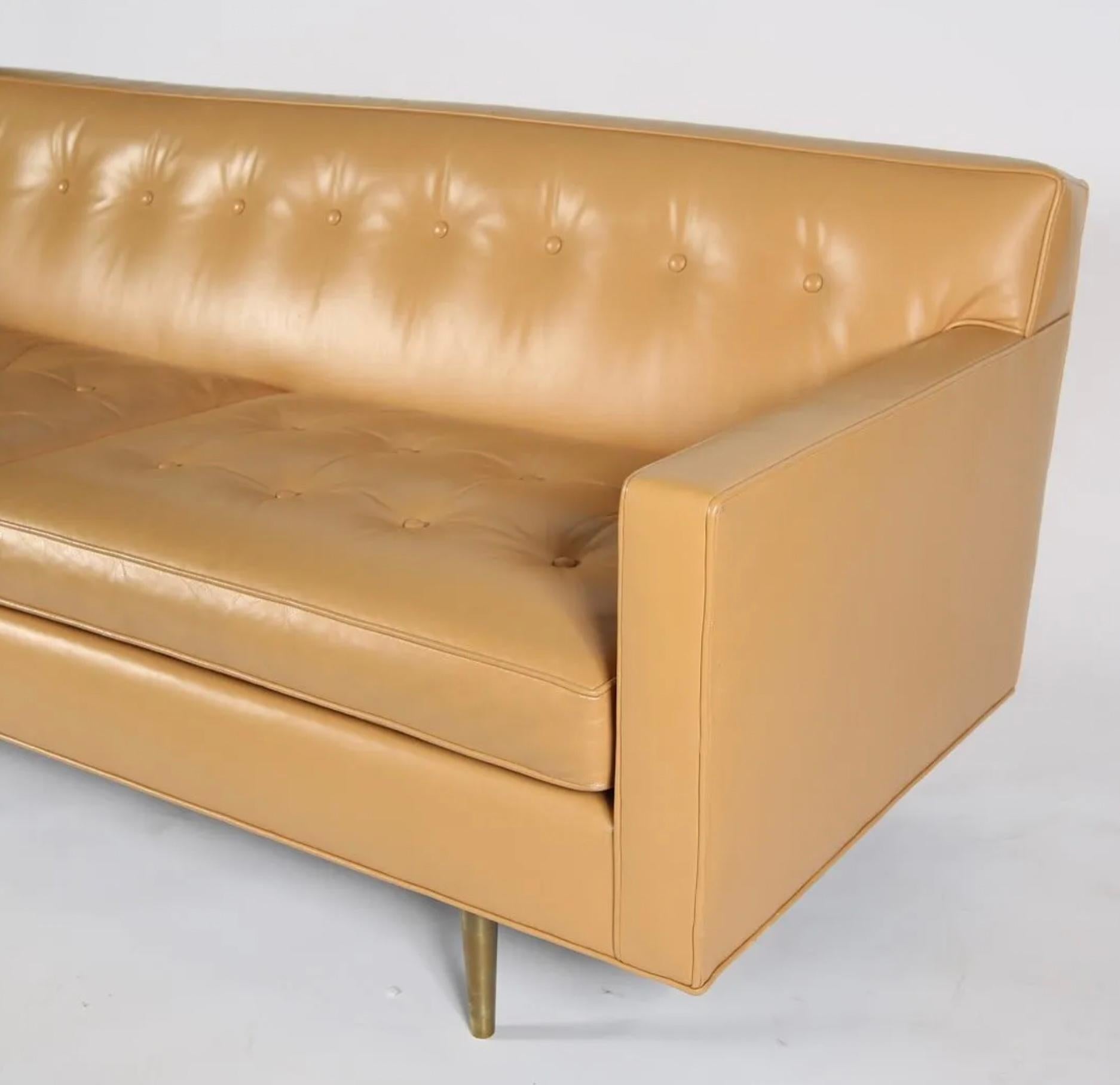 American Mid Century Tan Leather loveseat sofa solid brass legs by Edward Wormley For Sale