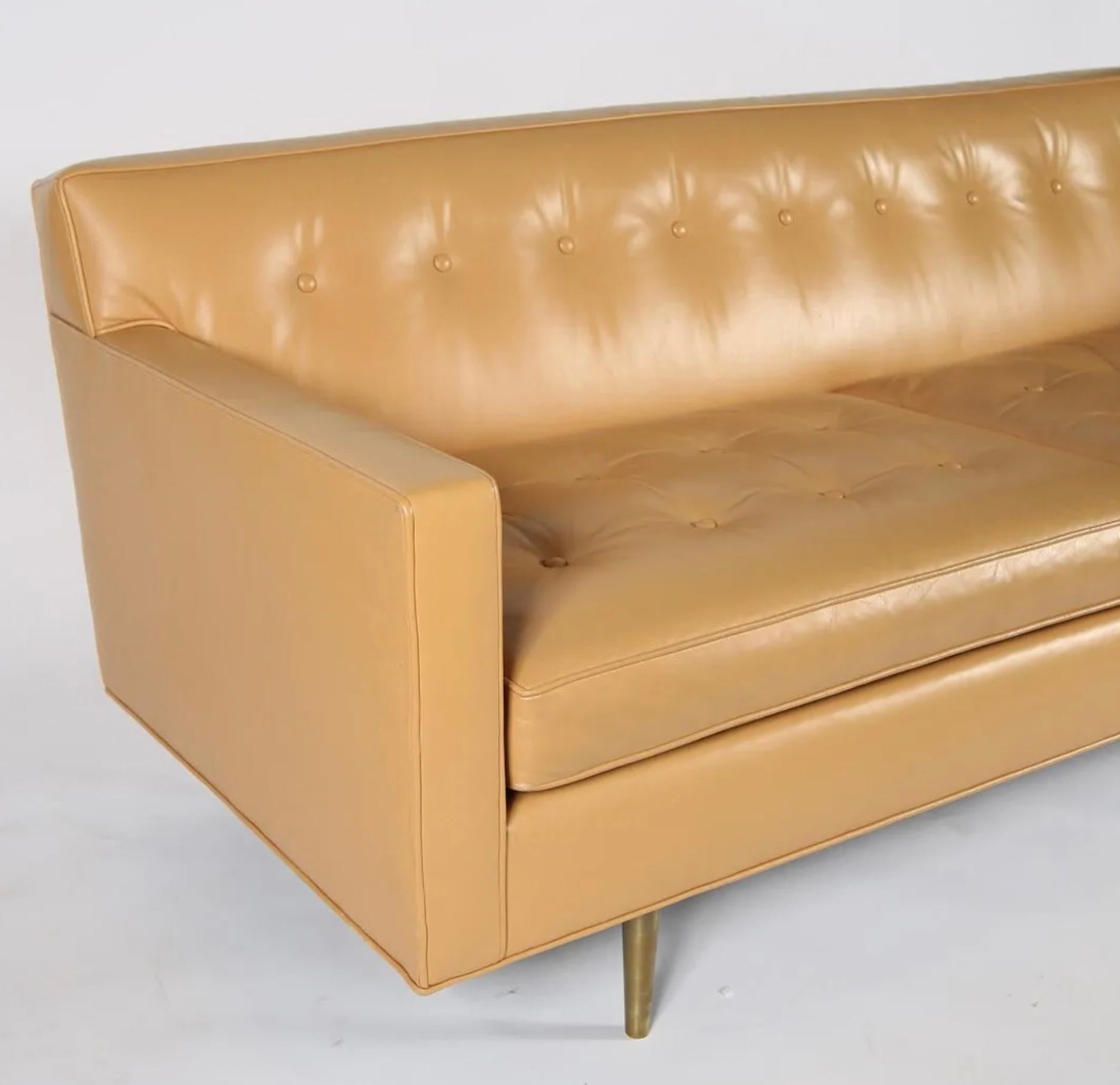 Woodwork Mid Century Tan Leather loveseat sofa solid brass legs by Edward Wormley For Sale